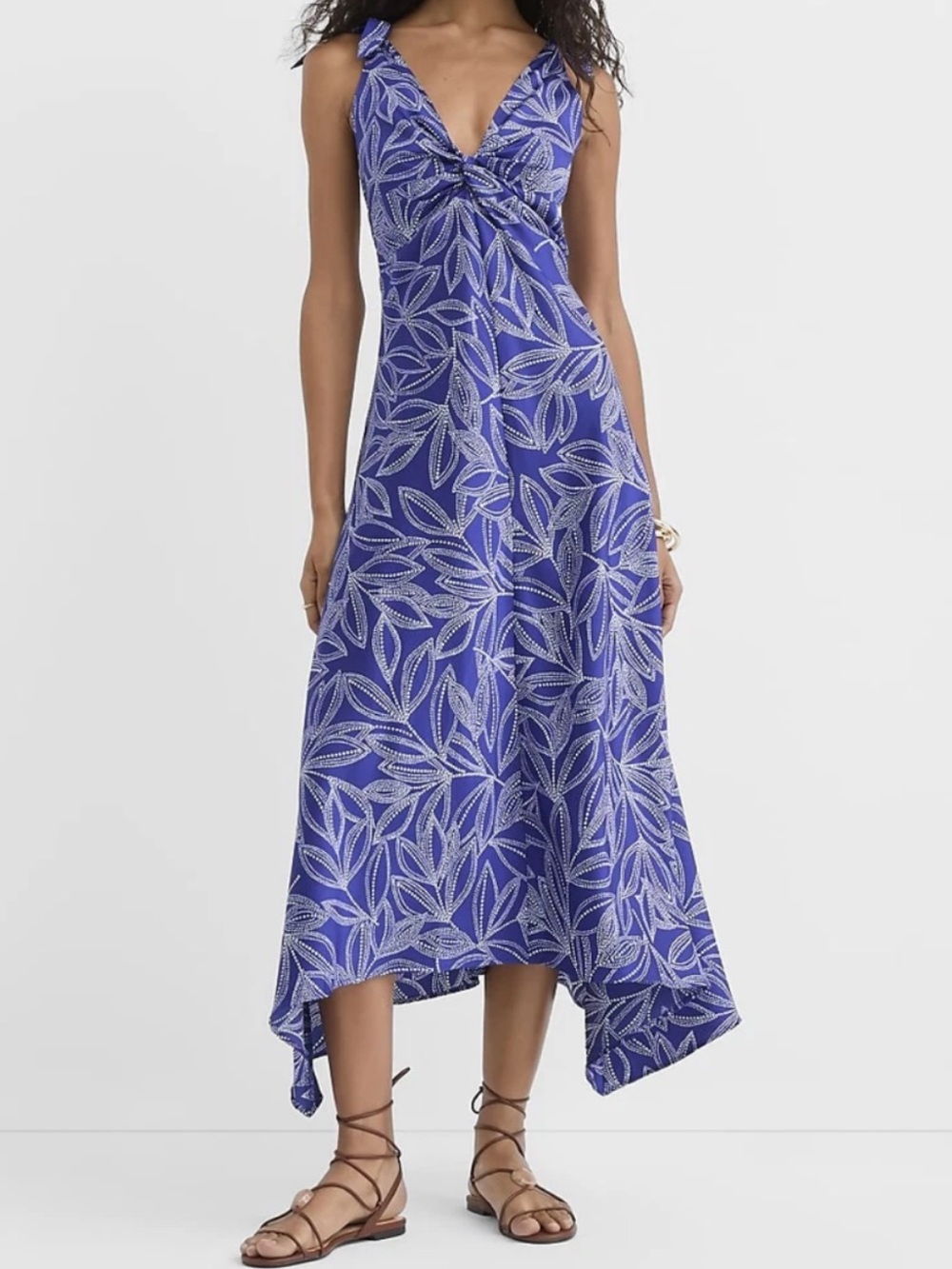 LOFT Blue Leaf-Print asymmetrical Maxi Dress NWT Size 00P Zip